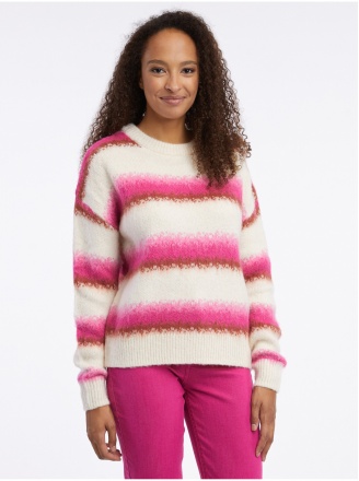 Пуловер от вълнена смес с розово и кремаво райе