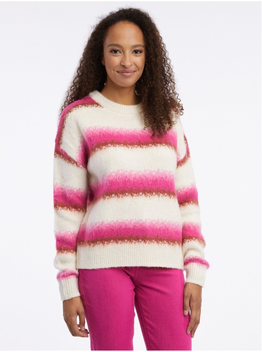 Пуловер от вълнена смес с розово и кремаво райе - изглед 1