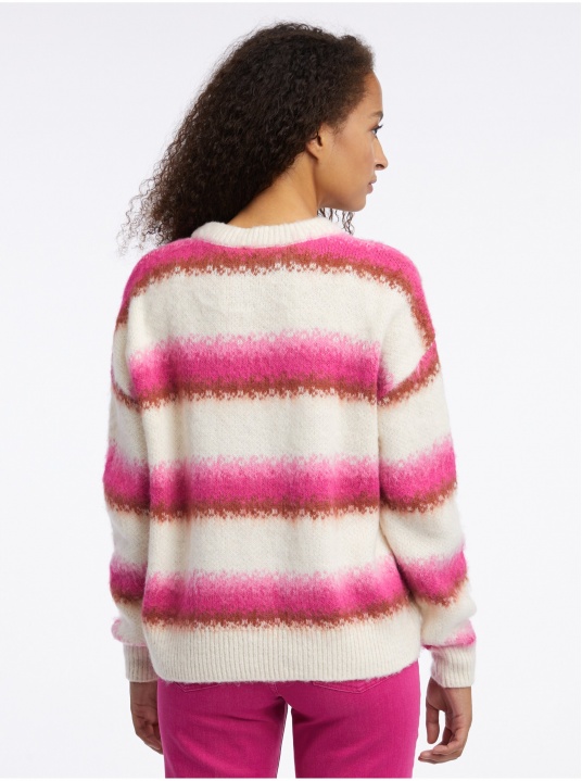 Пуловер от вълнена смес с розово и кремаво райе - изглед 3