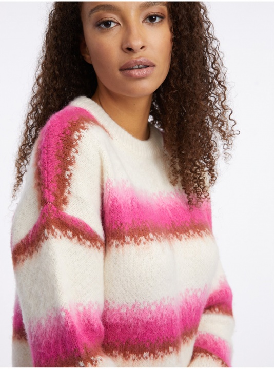 Пуловер от вълнена смес с розово и кремаво райе - изглед 2