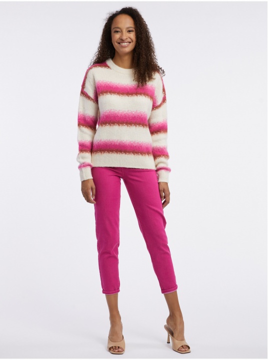 Пуловер от вълнена смес с розово и кремаво райе - изглед 4
